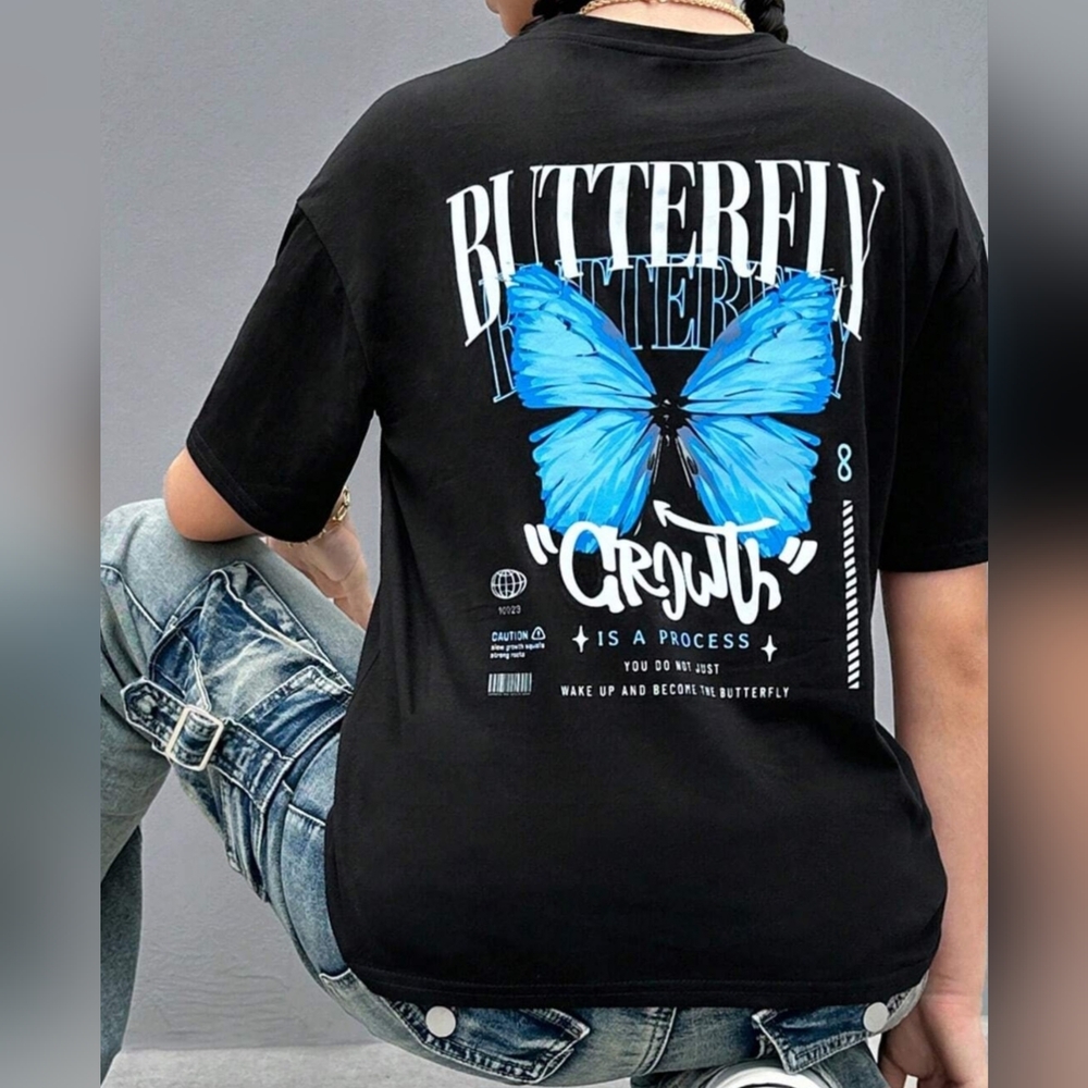 * Shein Women's Butterfly Slogan Graphic Drop Short Sleeves Tee Black Sz Small